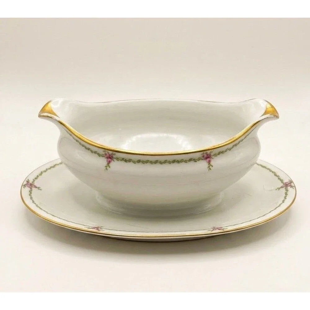 Antique Haviland Limoges GDA French Porcelain Spout Gravy Boat & Undertray Gold